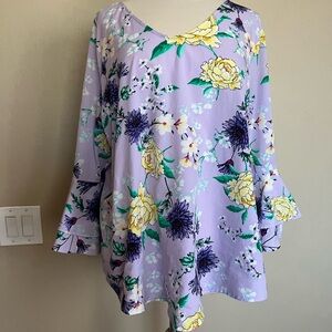 Liz Claiborne Floral V-Neck Blouse - Lavender and Yellow